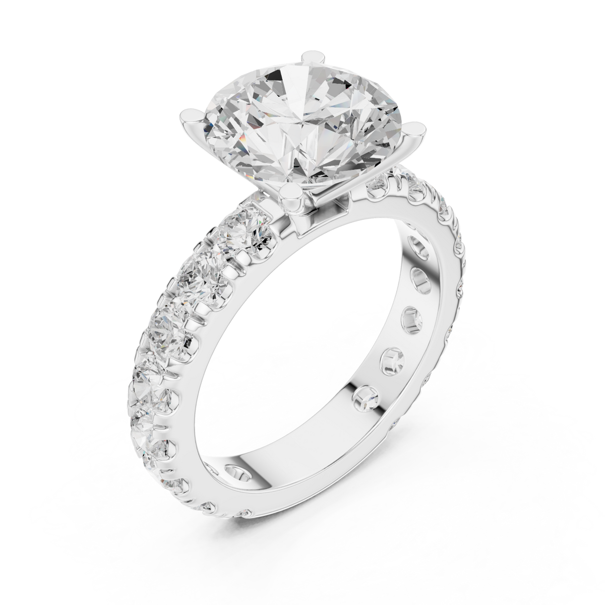 Round shared-prong accent engagement ring white gold angle view