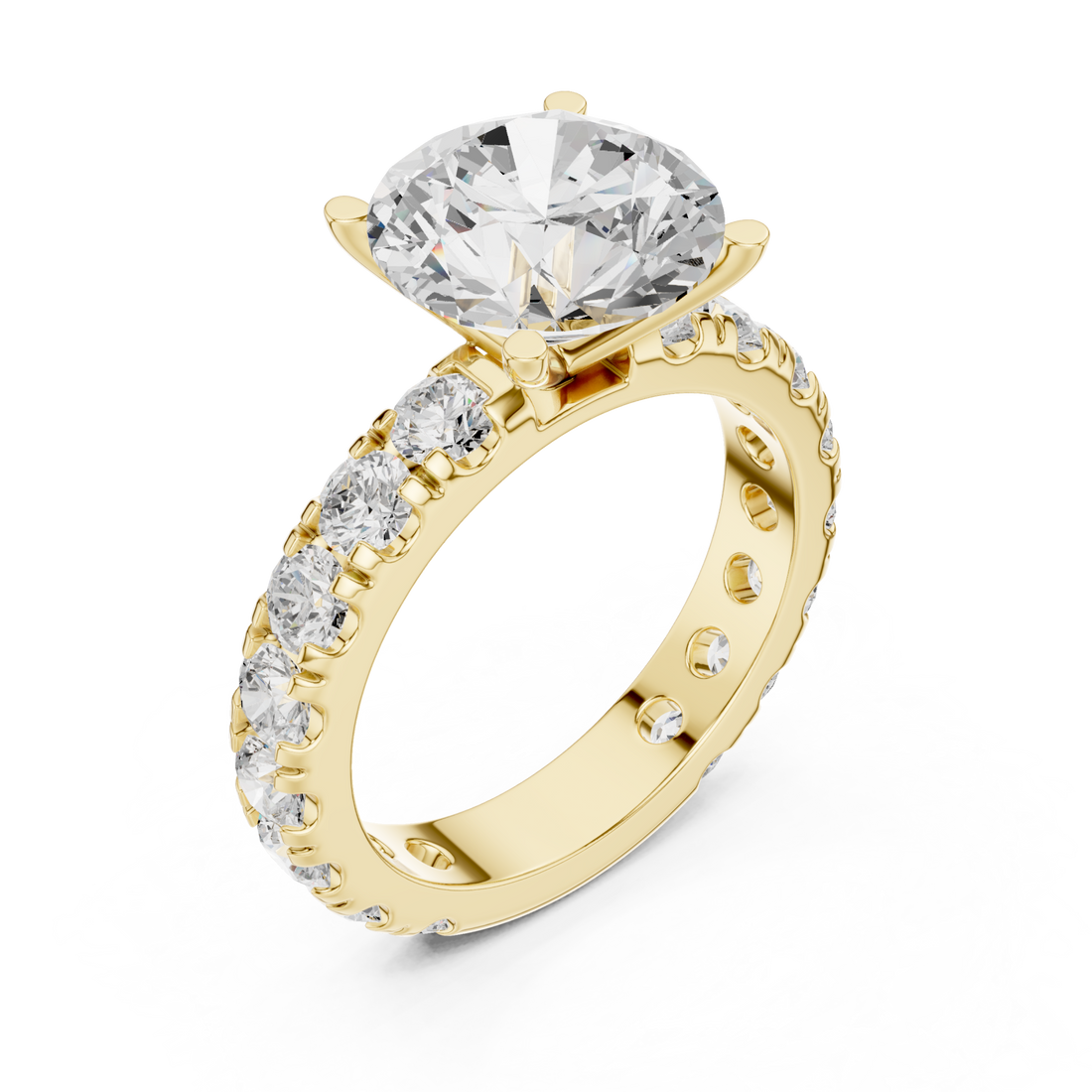 Round shared-prong accent engagement ring yellow gold front view