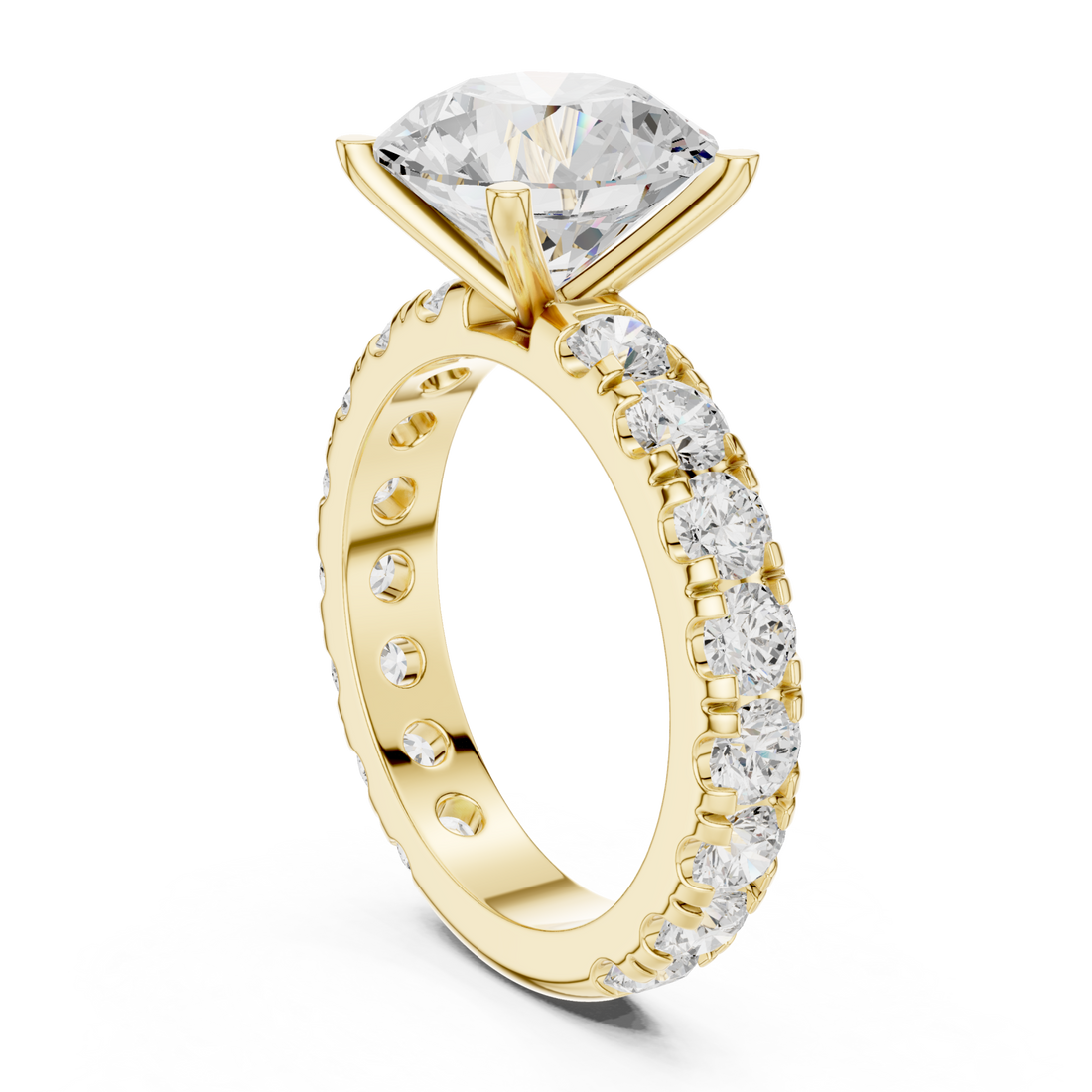 Round shared-prong accent engagement ring yellow gold front view