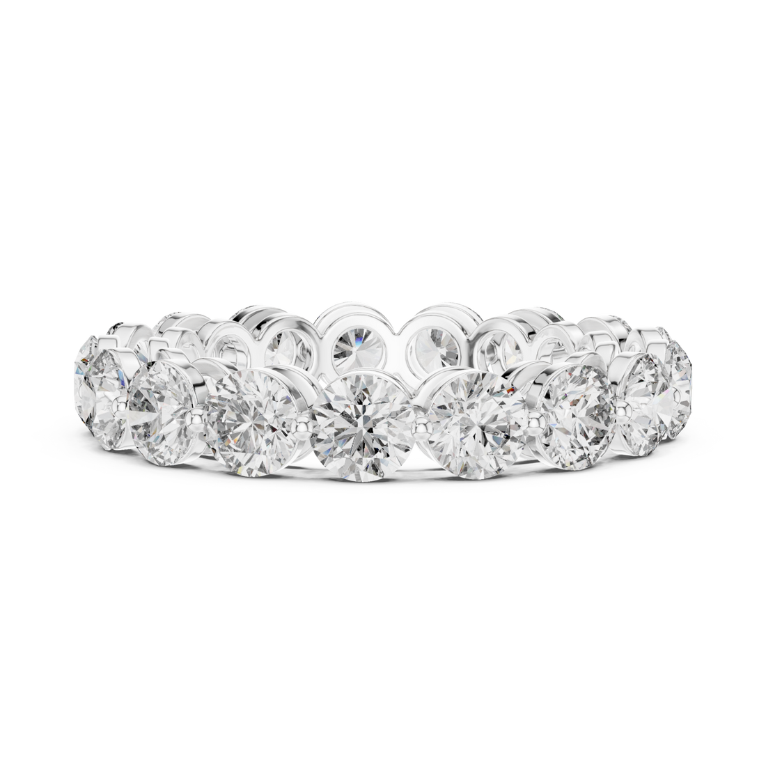 Round shared-prong bubble gallery eternity band white gold front view