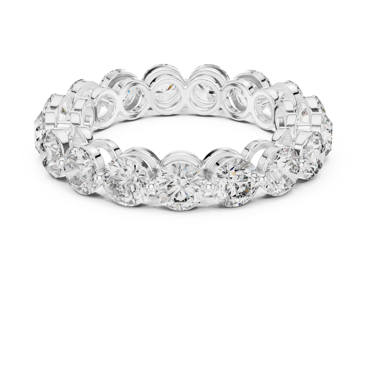 Round shared-prong bubble gallery eternity band white gold detail view