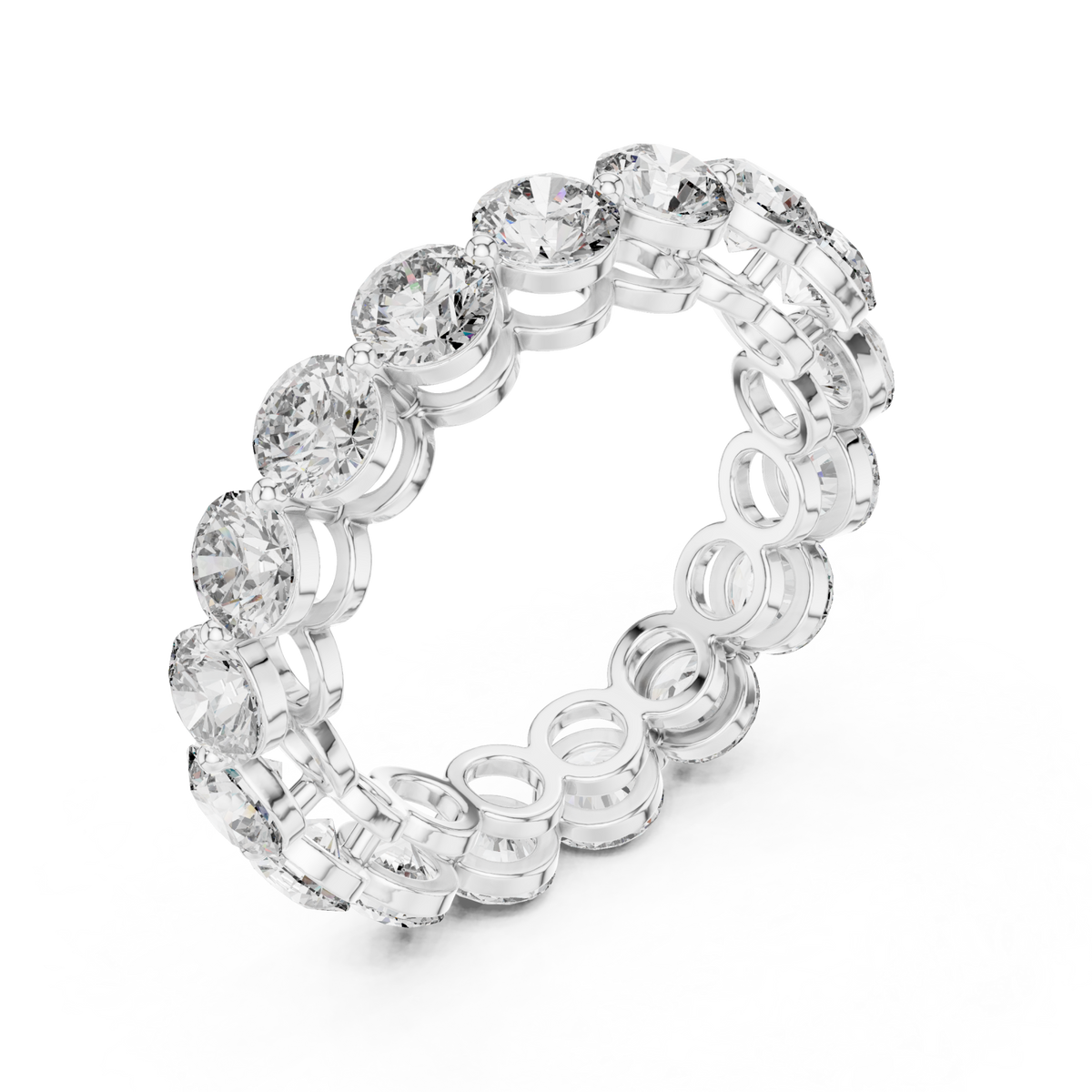 Round shared-prong bubble gallery eternity band white gold front view