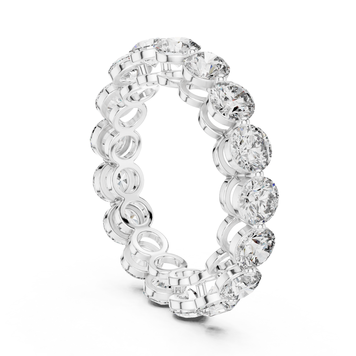 Round shared-prong bubble gallery eternity band white gold side view