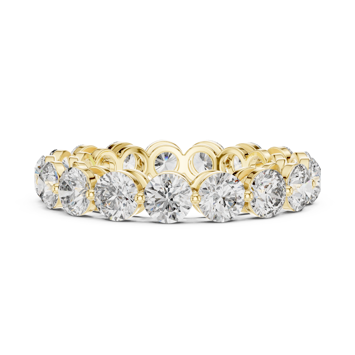 Round shared-prong bubble gallery eternity band yellow gold angle view