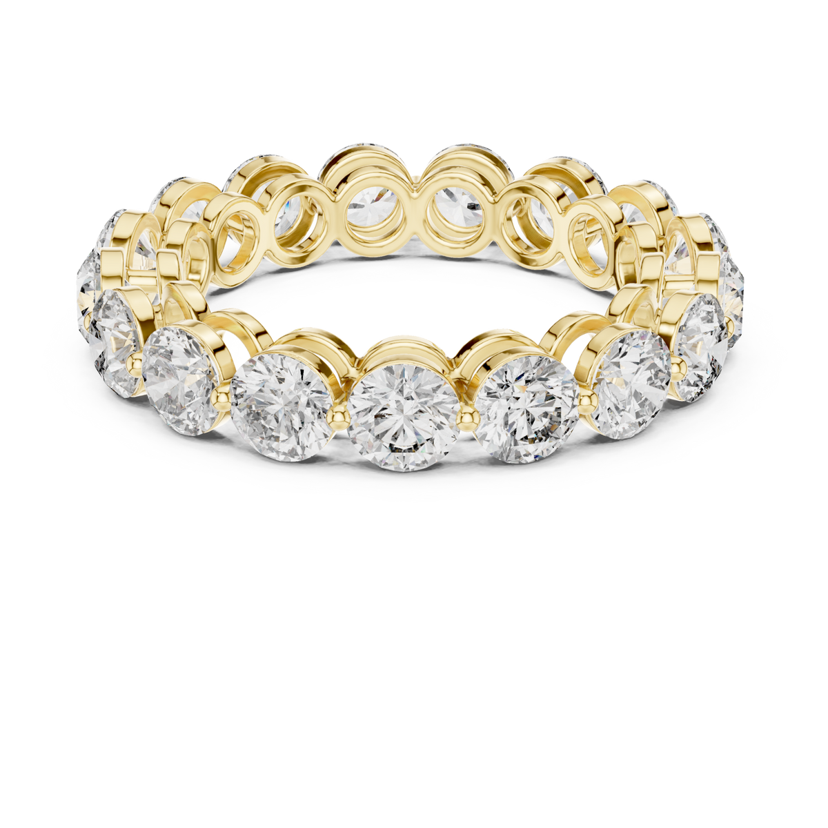 Round shared-prong bubble gallery eternity band yellow gold detail view
