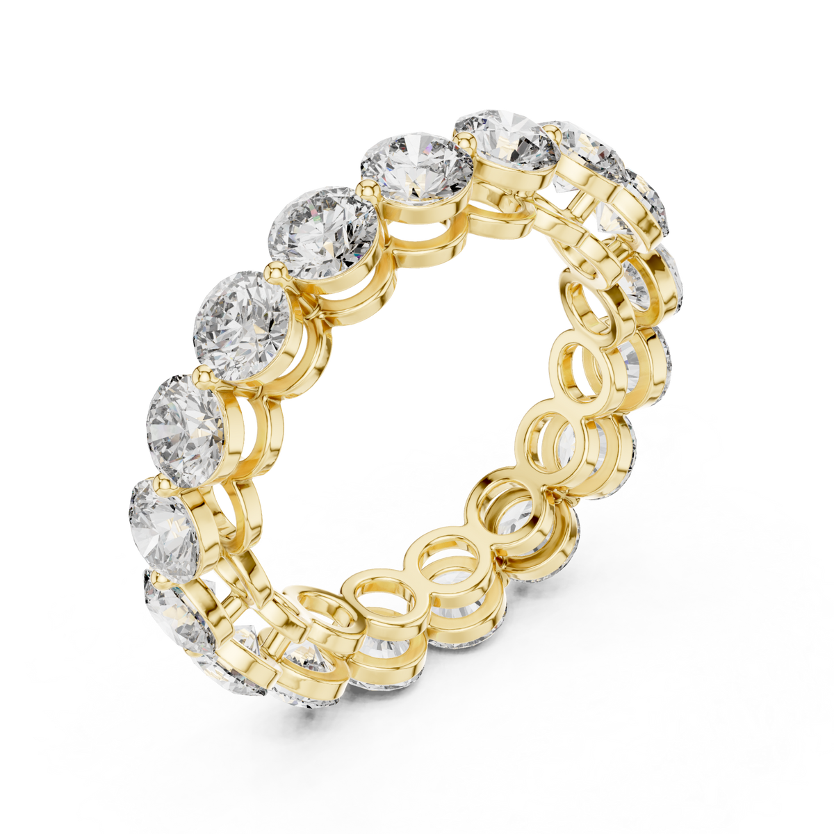 Round shared-prong bubble gallery eternity band yellow gold front view