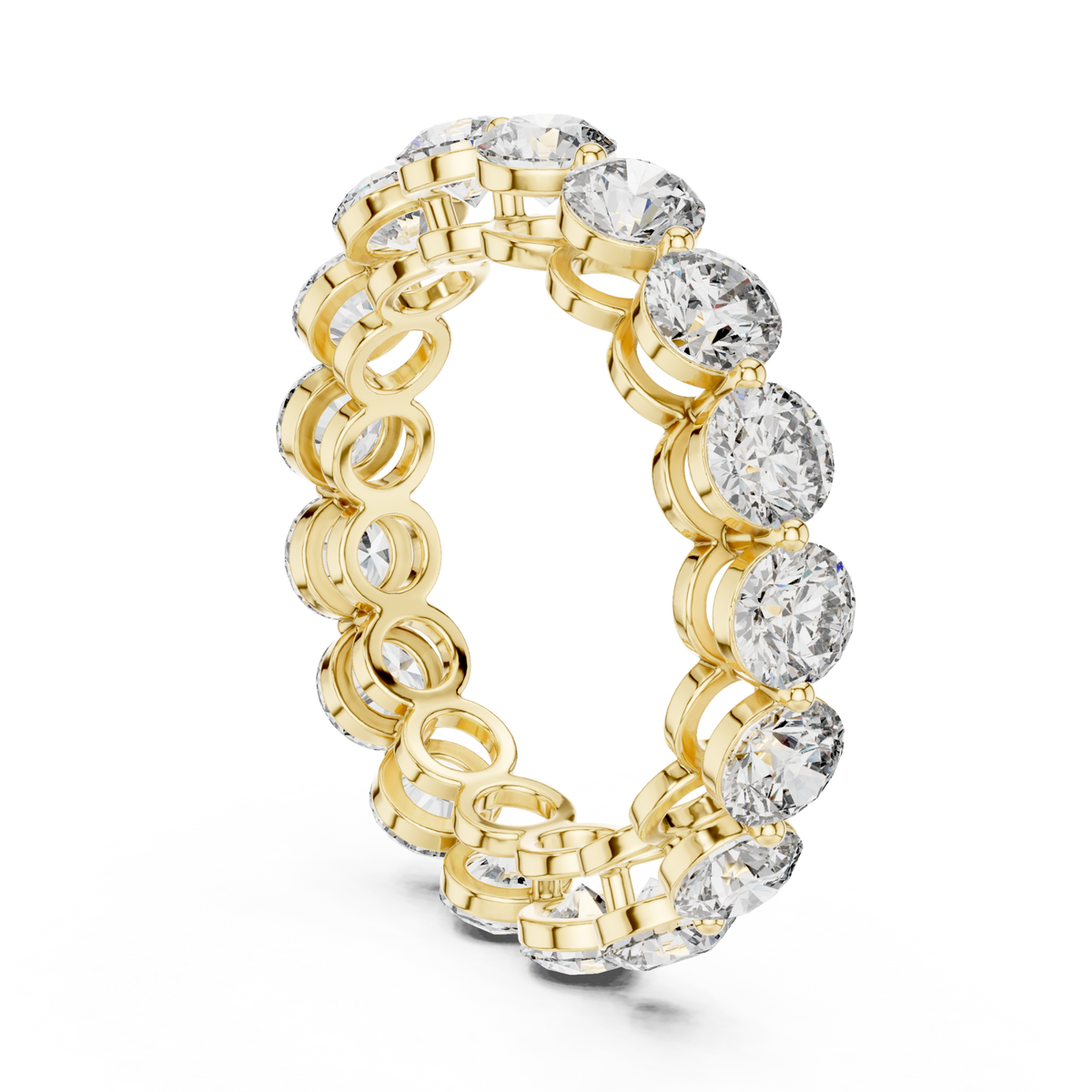 Round shared-prong bubble gallery eternity band yellow gold side view