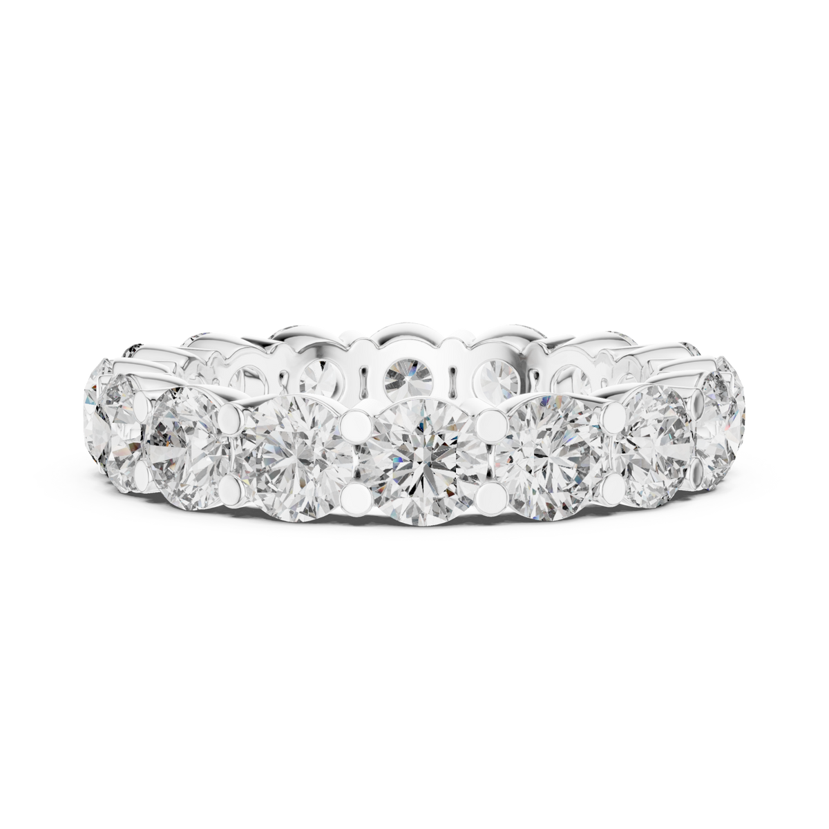 Round shared-prong eternity band white gold angle view