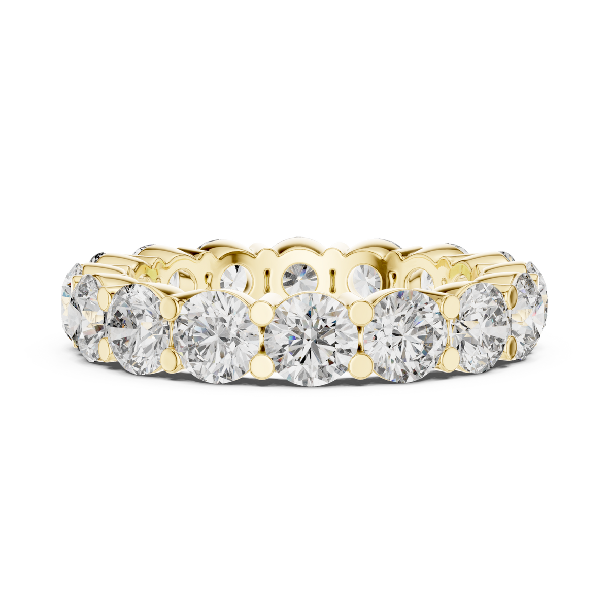 Round shared-prong eternity band yellow gold angle view