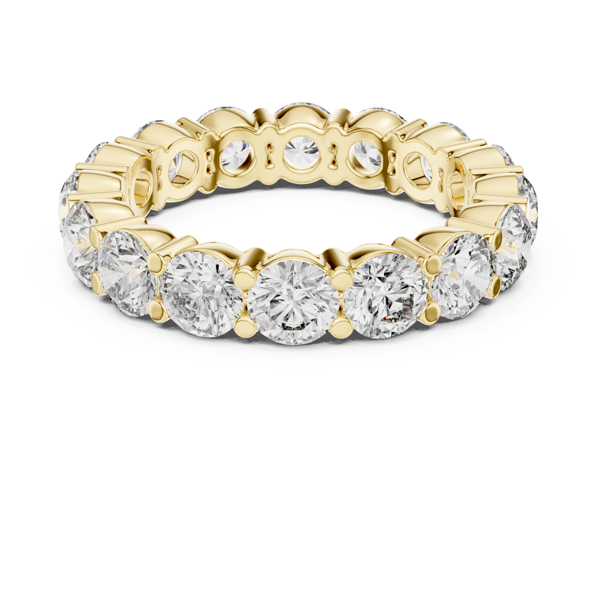 Round shared-prong eternity band yellow gold detail view