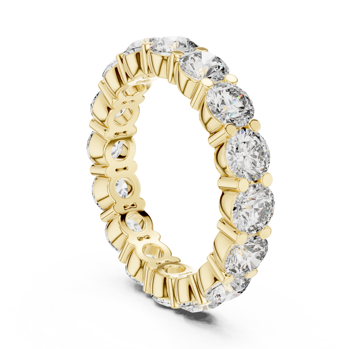 Round shared-prong eternity band yellow gold side view