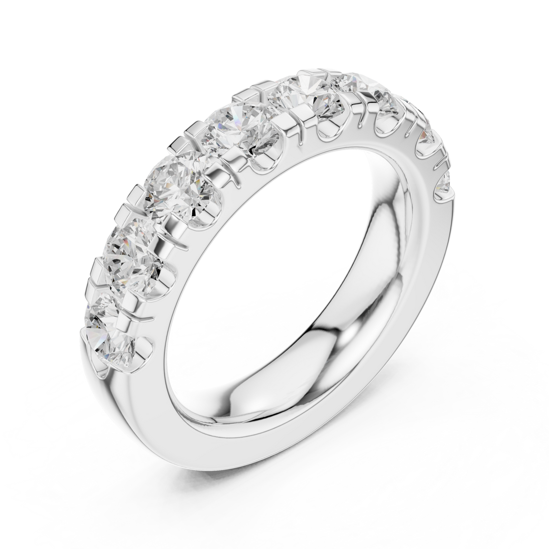 Round shared-prong half eternity band large white gold front view