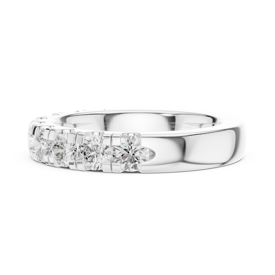 Round shared-prong half eternity band small white gold front view