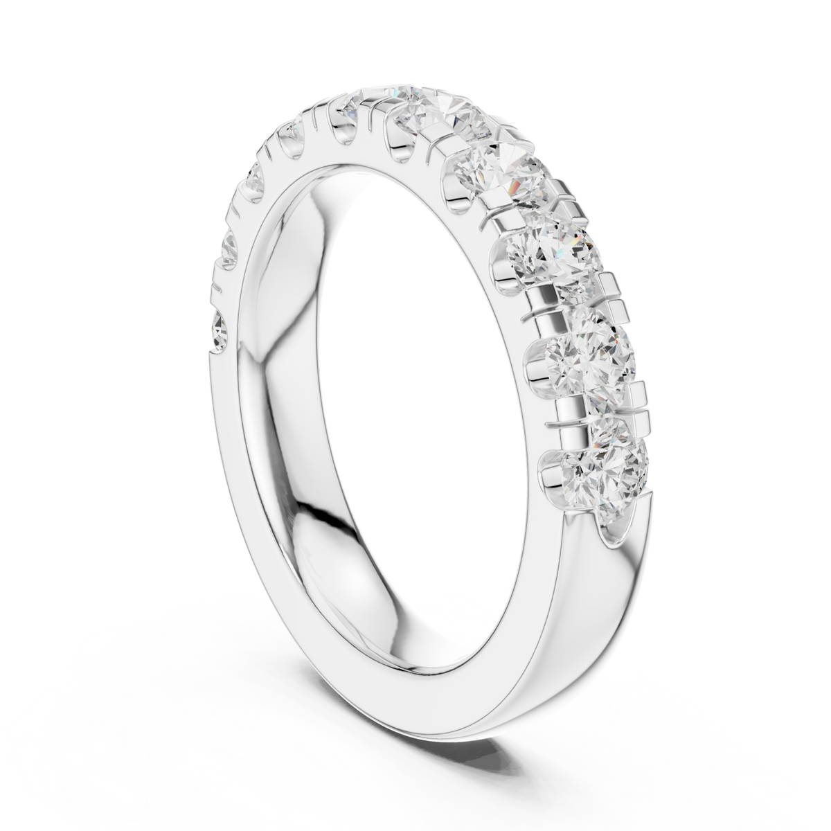 Round shared-prong half eternity band small white gold side view