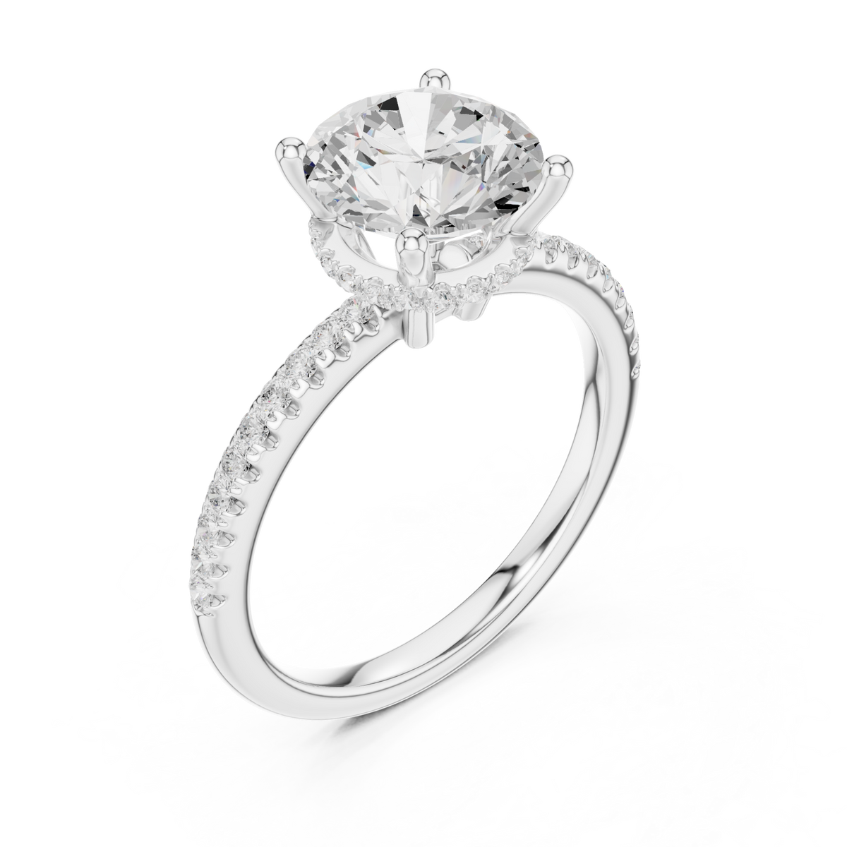 Round slim hidden halo pave engagement ring white gold angle view