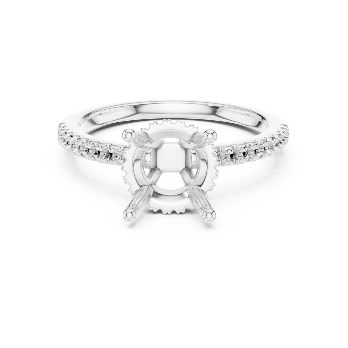 Round slim hidden halo pave engagement ring white gold detail view