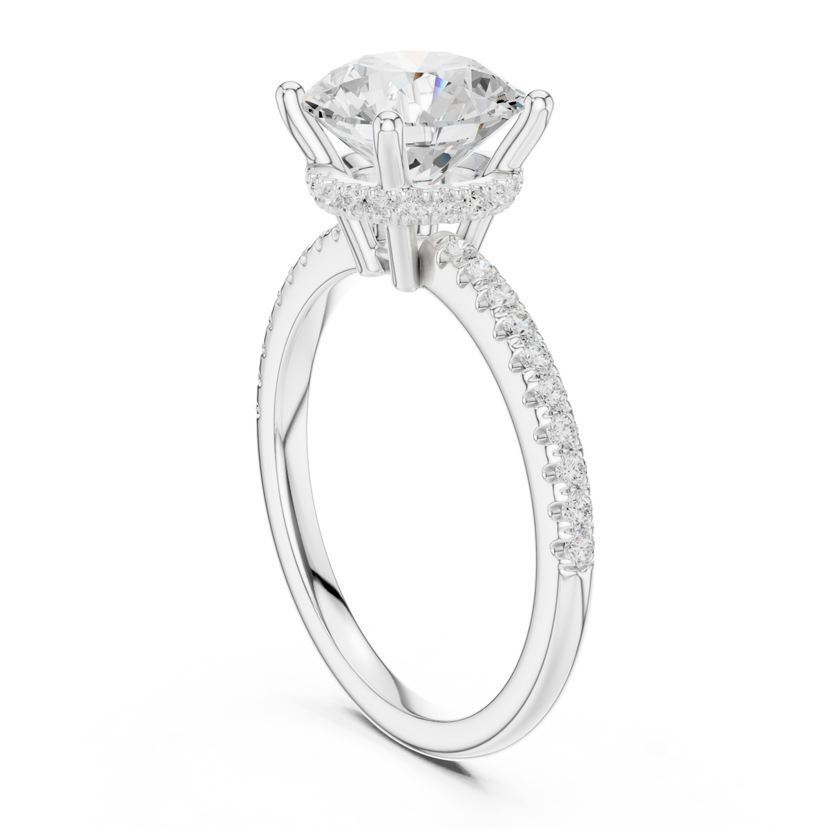 Round slim hidden halo pave engagement ring white gold front view