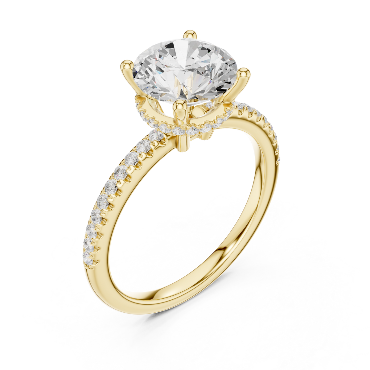 Round slim hidden halo pave engagement ring yellow gold angle view