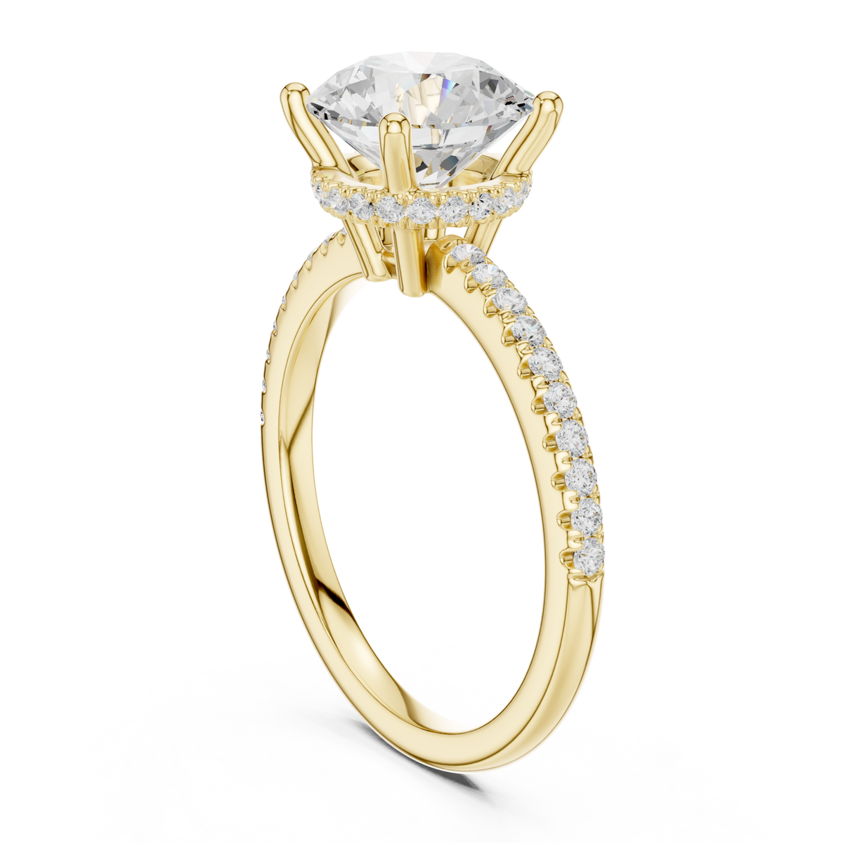 Round slim hidden halo pave engagement ring yellow gold front view