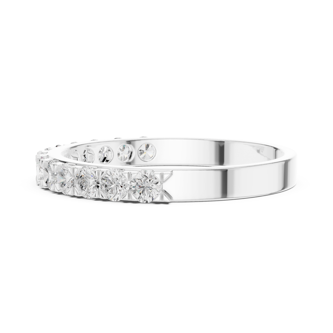 Round slim shared-prong half eternity band white gold front view