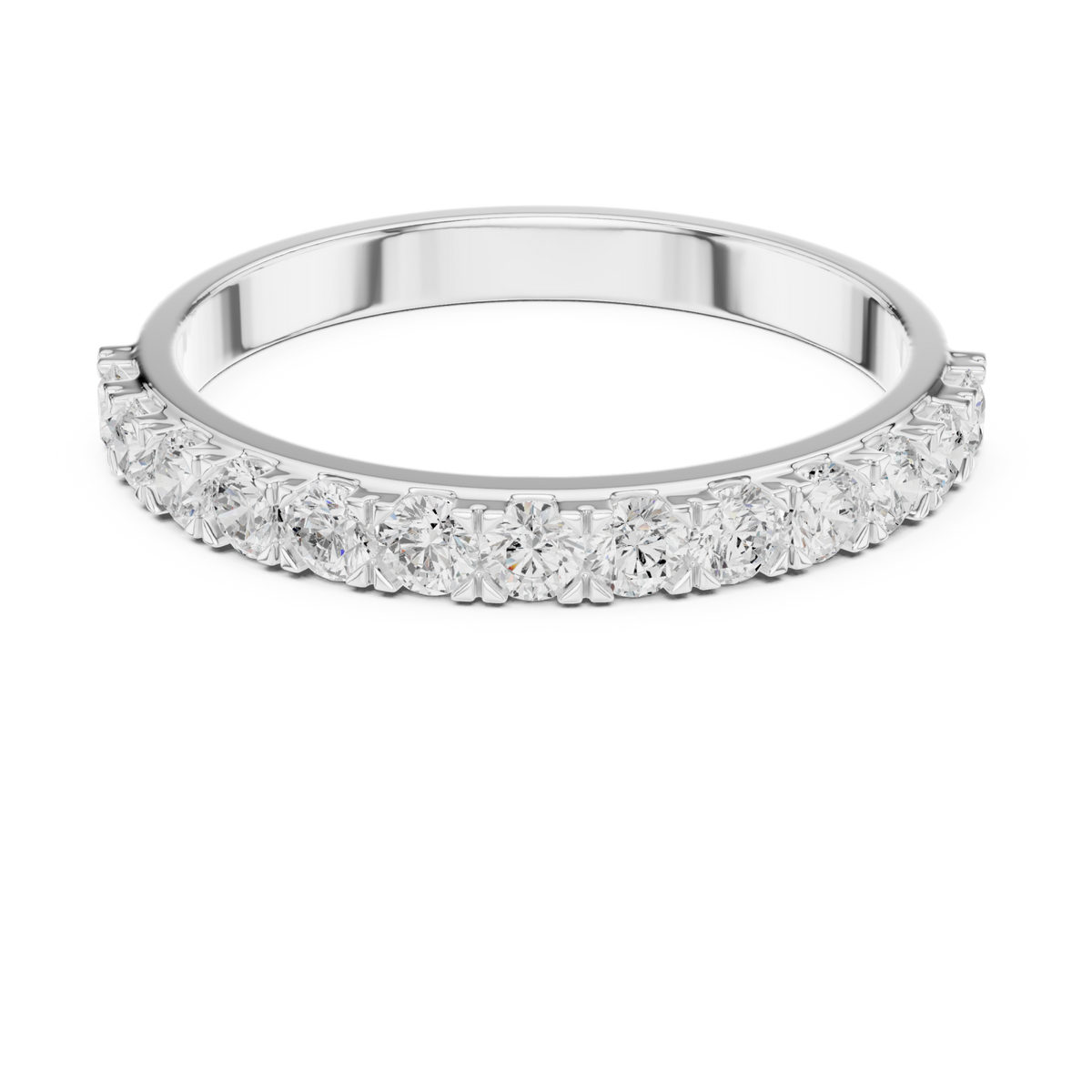 Round slim shared-prong half eternity band white gold detail view