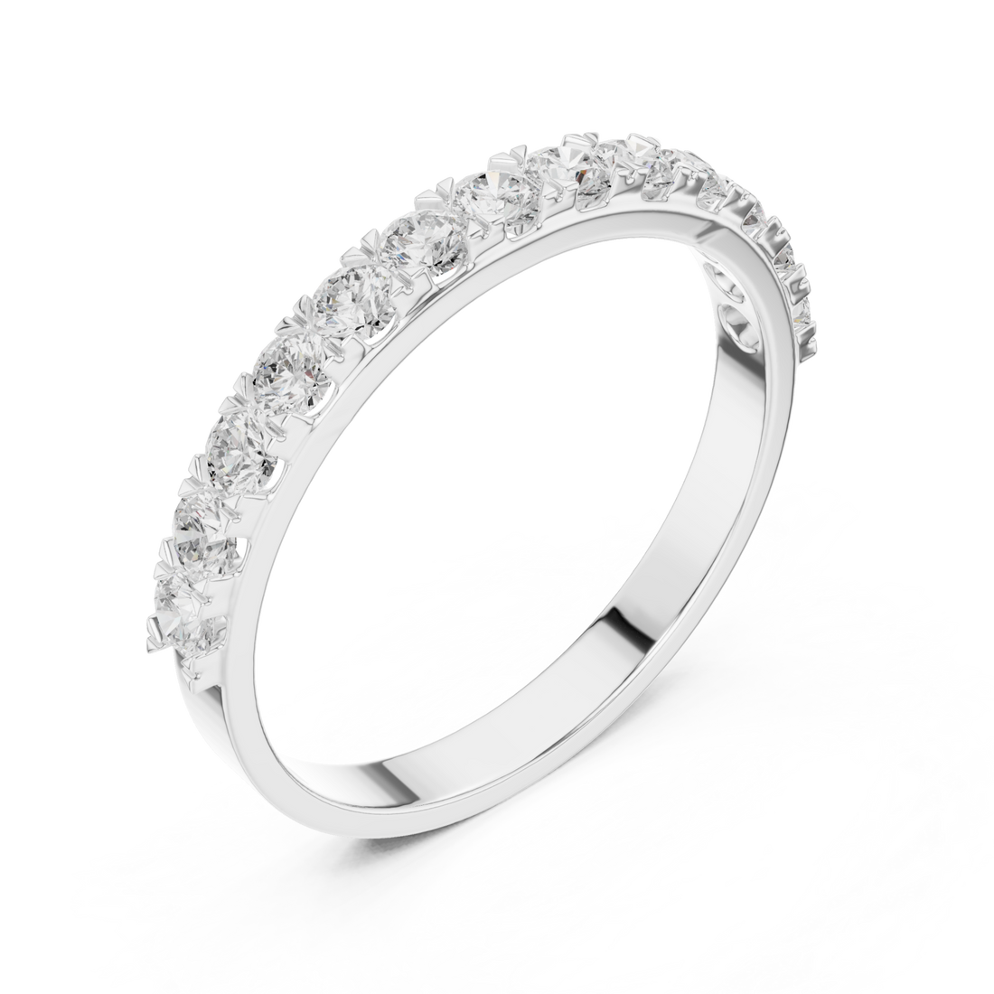 Round slim shared-prong half eternity band white gold front view