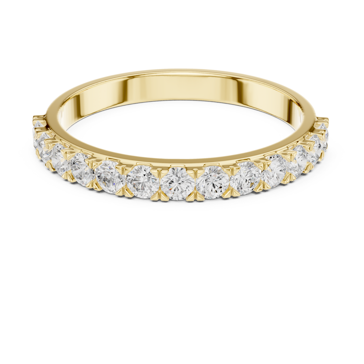 Round slim shared-prong half eternity band yellow gold detail view