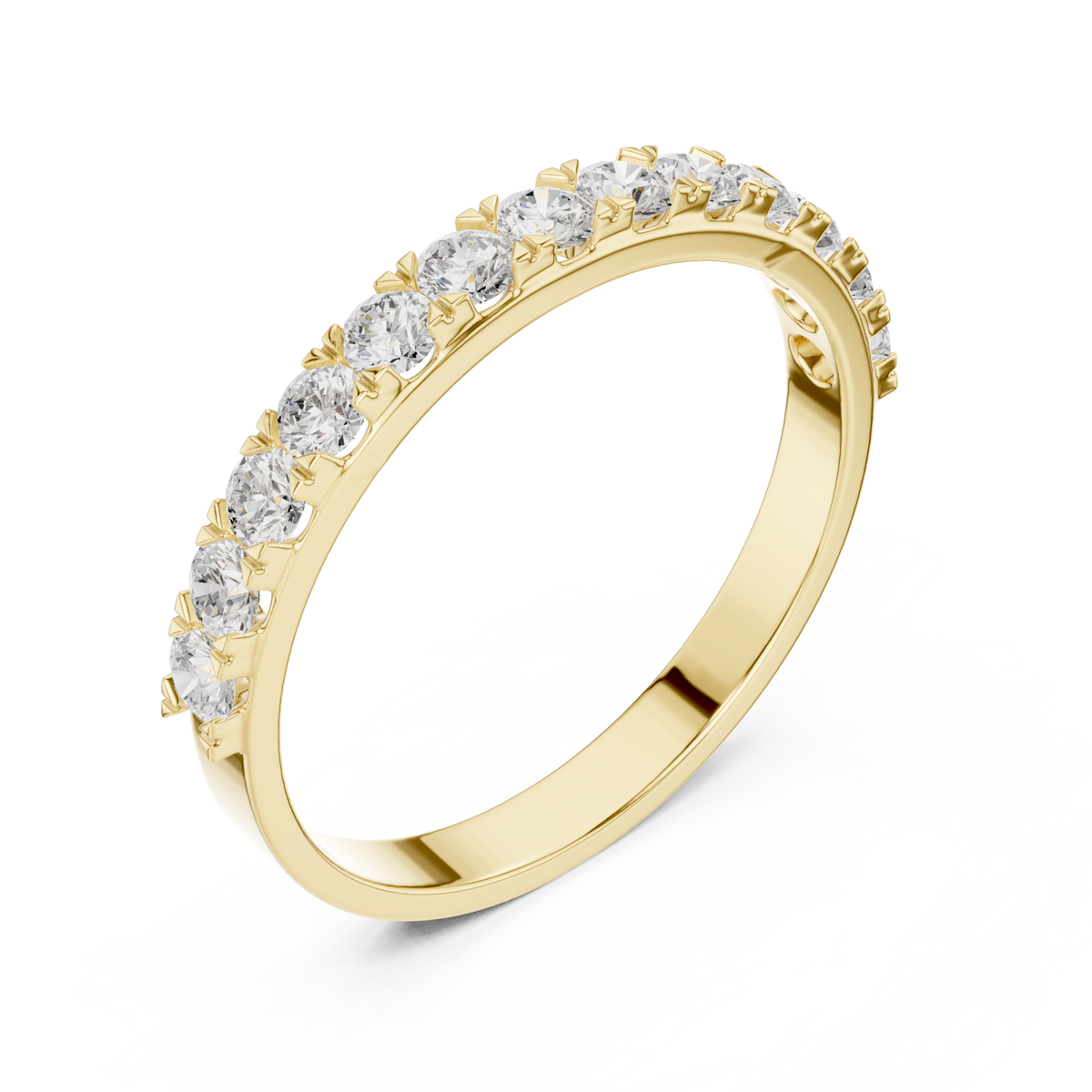Round slim shared-prong half eternity band yellow gold front view