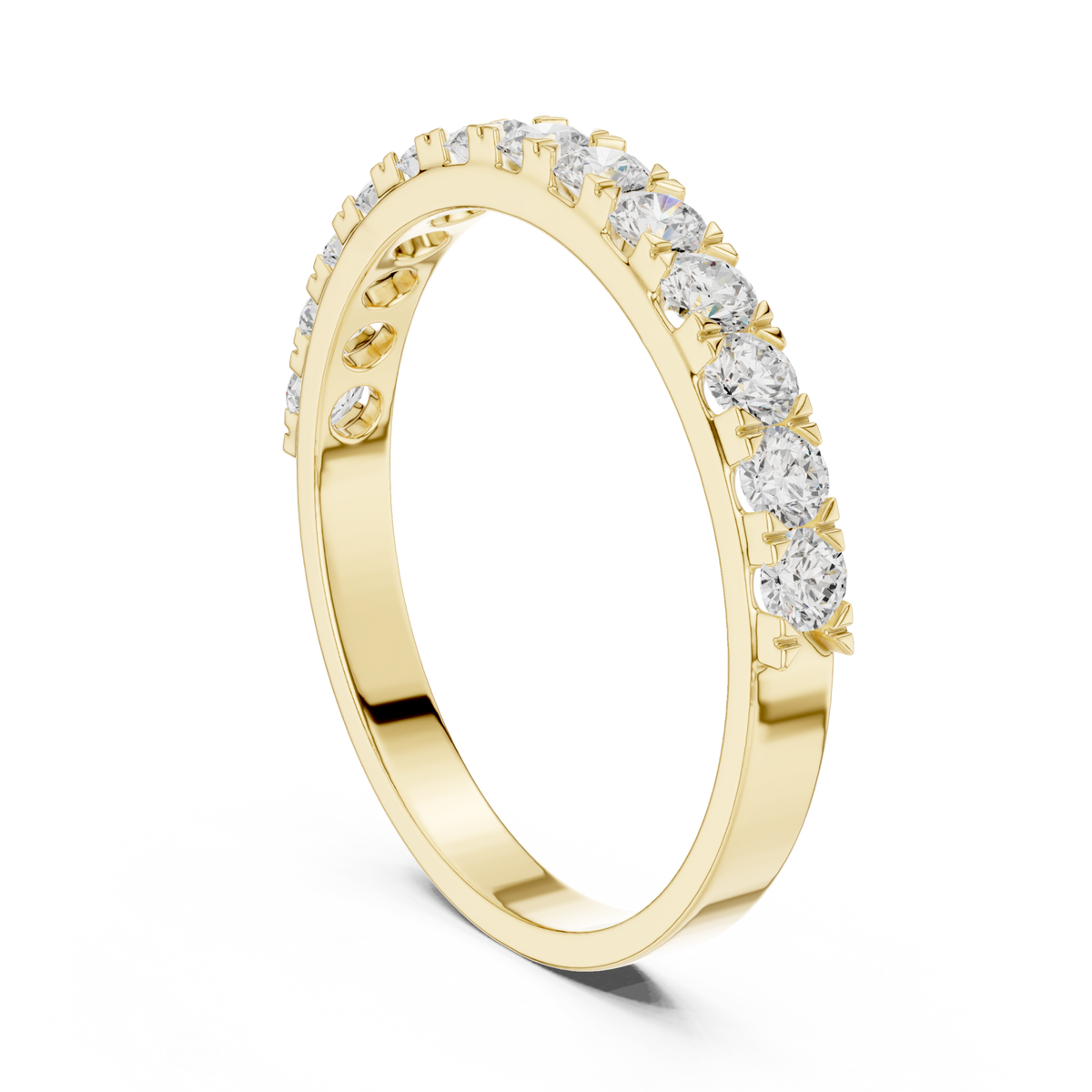 Round slim shared-prong half eternity band yellow gold side view