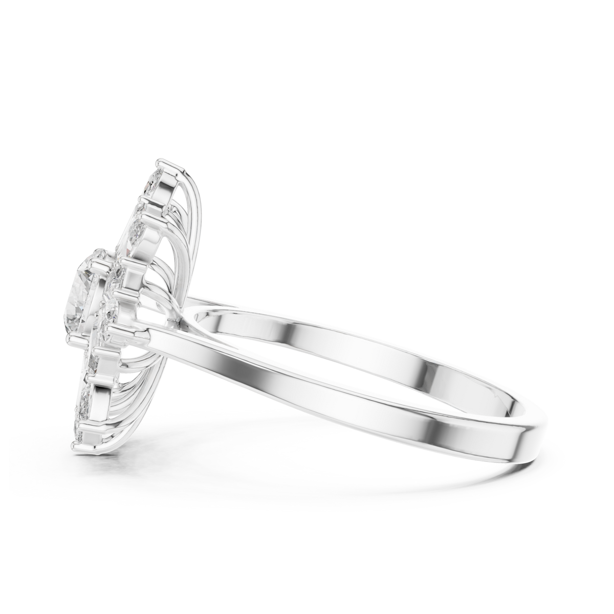 Round snowflake baguette halo ring white gold angle view