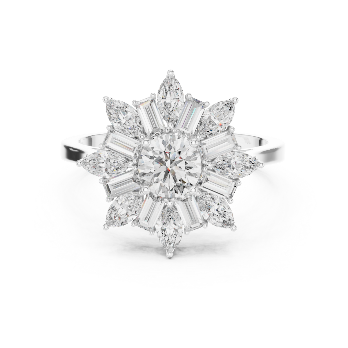 Round snowflake baguette halo ring white gold detail view