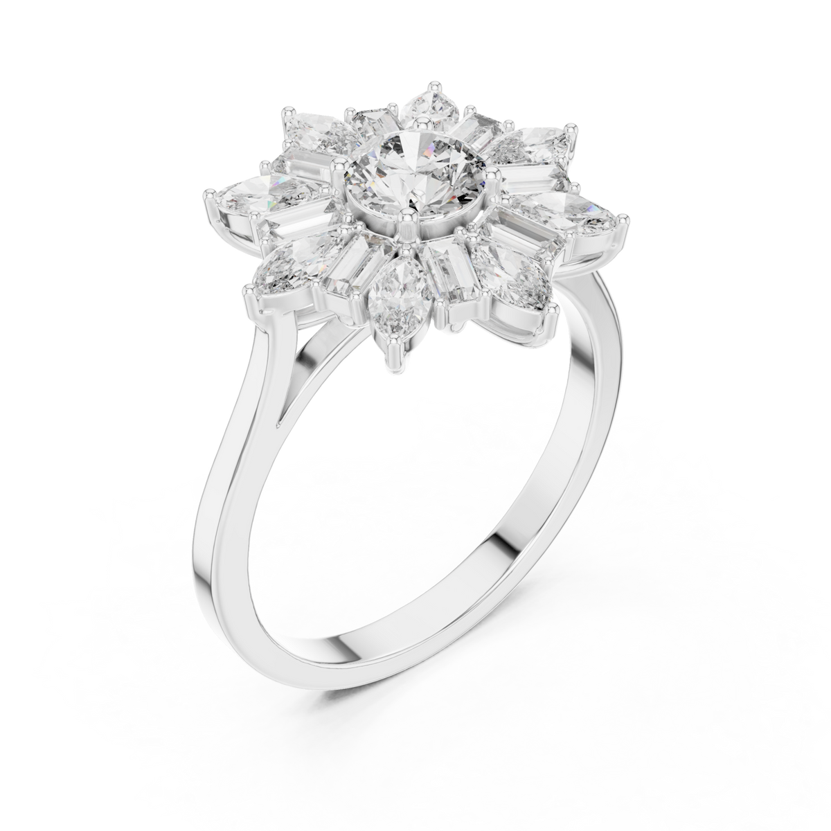 Round snowflake baguette halo ring white gold front view