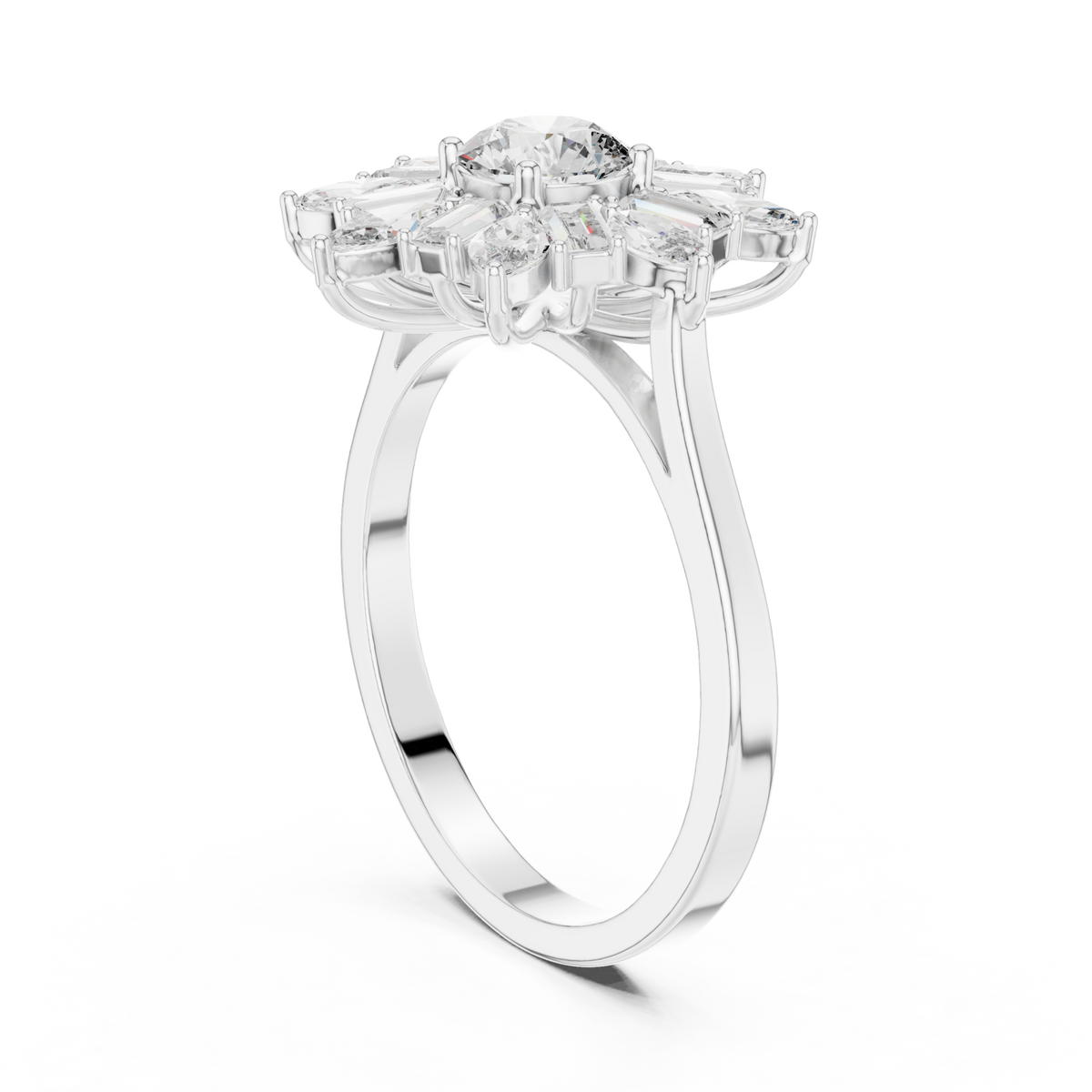 Round snowflake baguette halo ring white gold side view