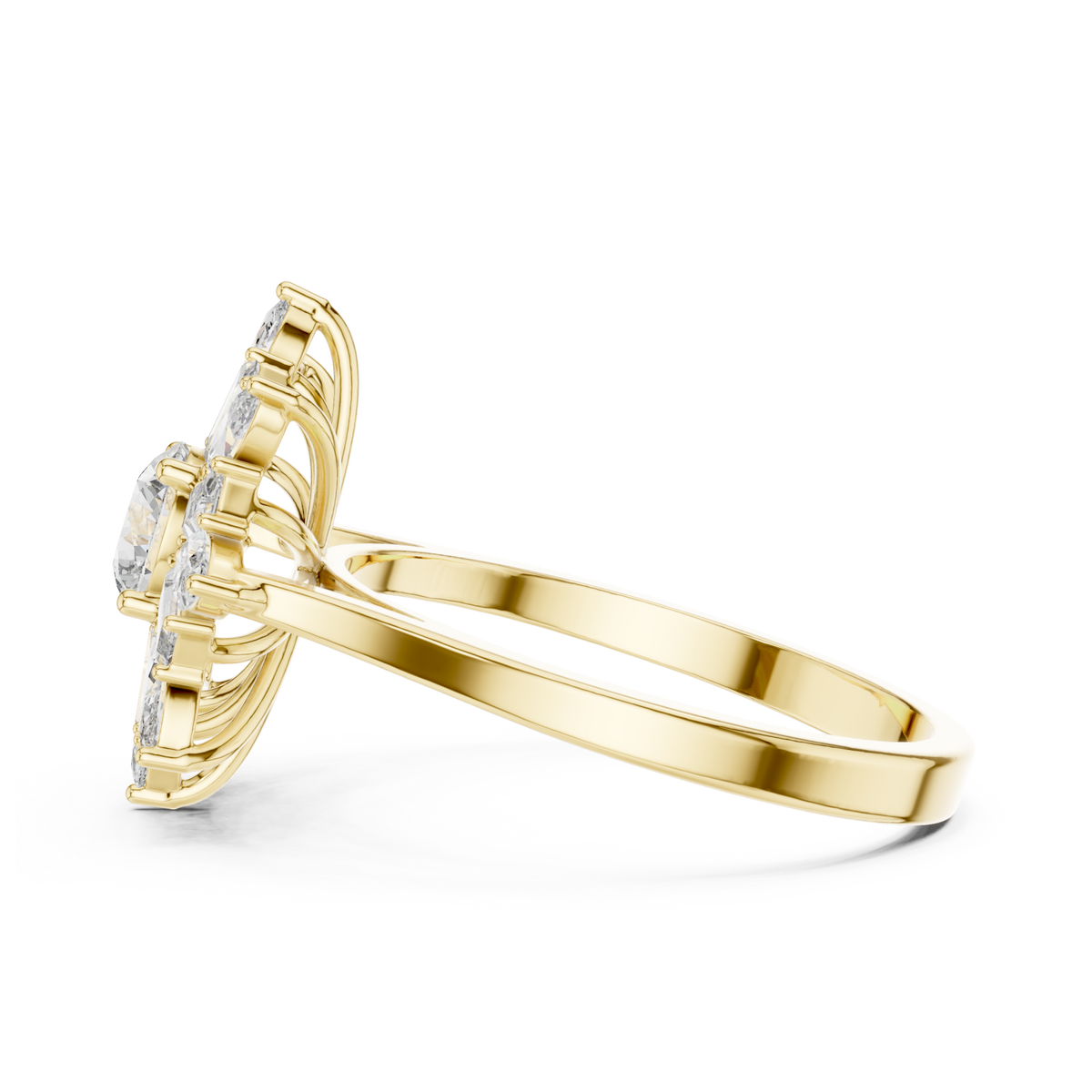 Round snowflake baguette halo ring yellow gold angle view