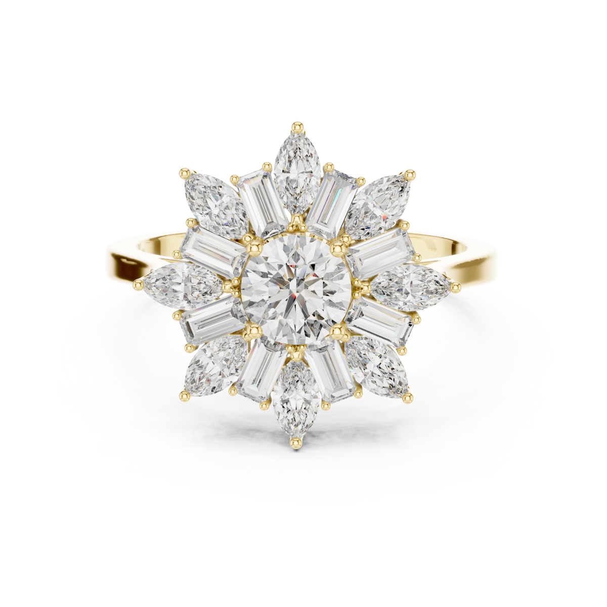 Round snowflake baguette halo ring yellow gold detail view