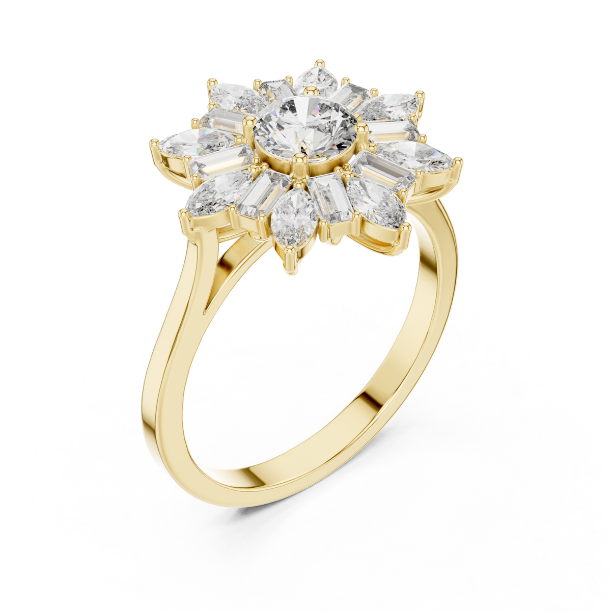 Round snowflake baguette halo ring yellow gold front view