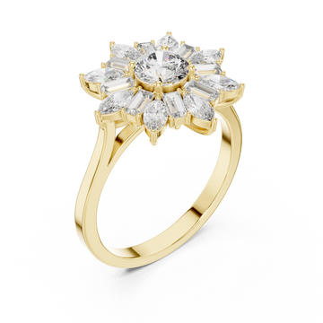 Round snowflake baguette halo ring yellow gold front view