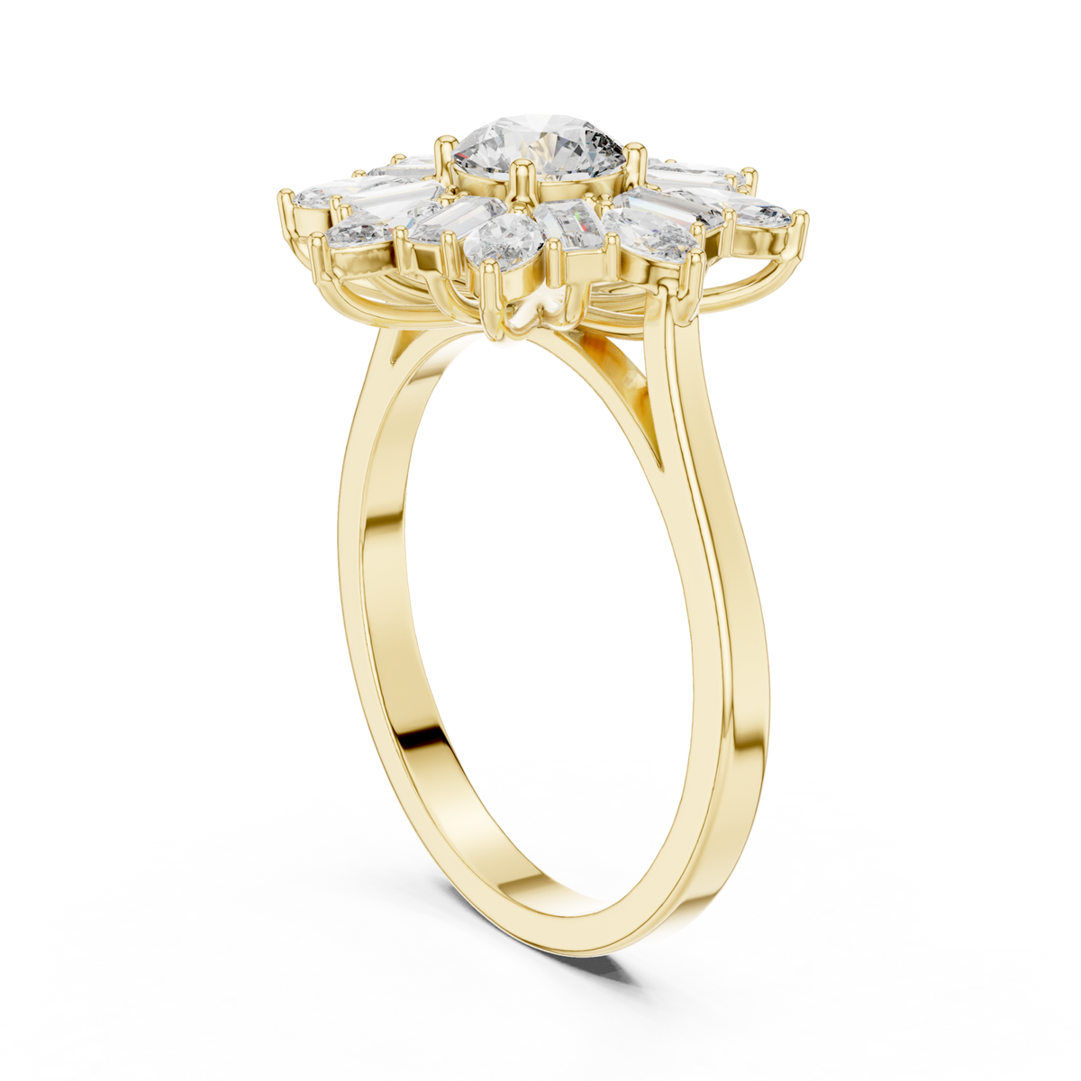 Round snowflake baguette halo ring yellow gold side view