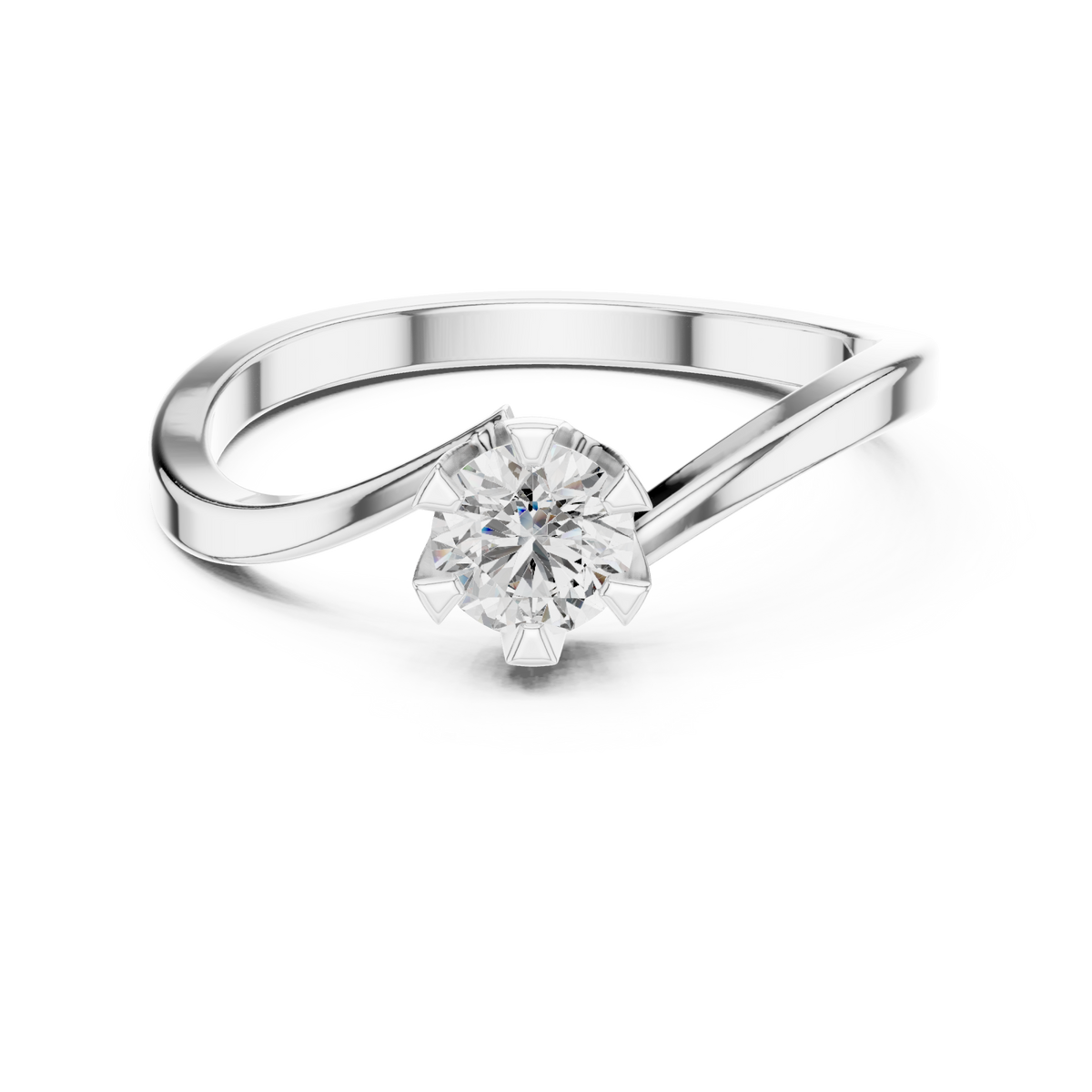 Round solitaire crown bypass ring white gold detail view
