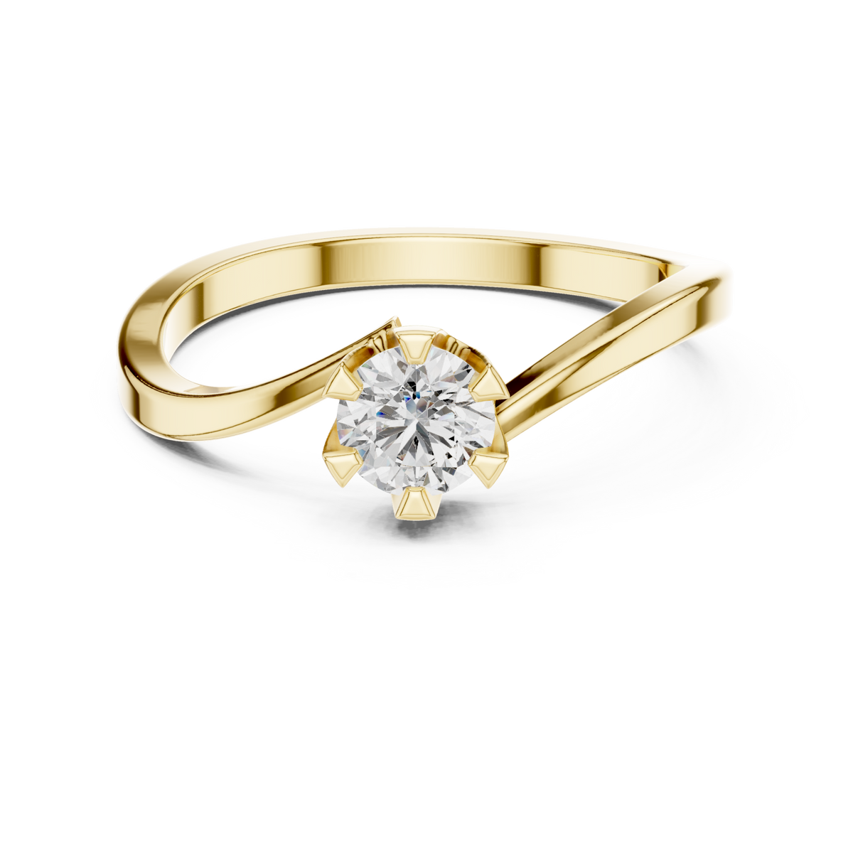 Round solitaire crown bypass ring yellow gold detail view