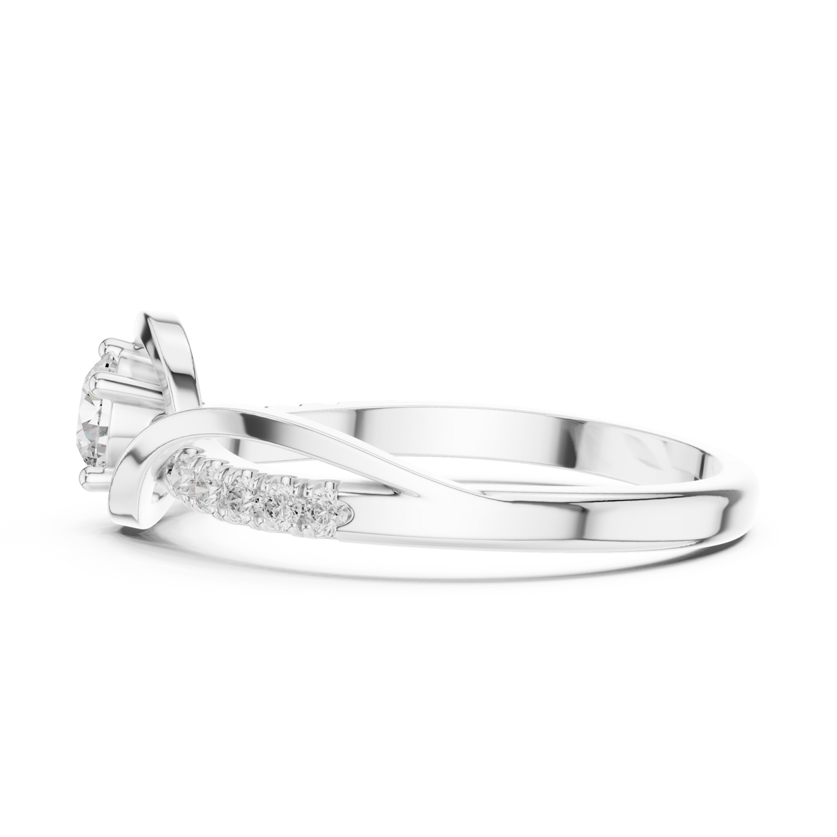 Round solitaire twisted pave bypass ring white gold angle view