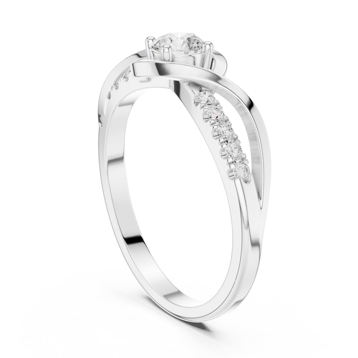 Round solitaire twisted pave bypass ring white gold side view
