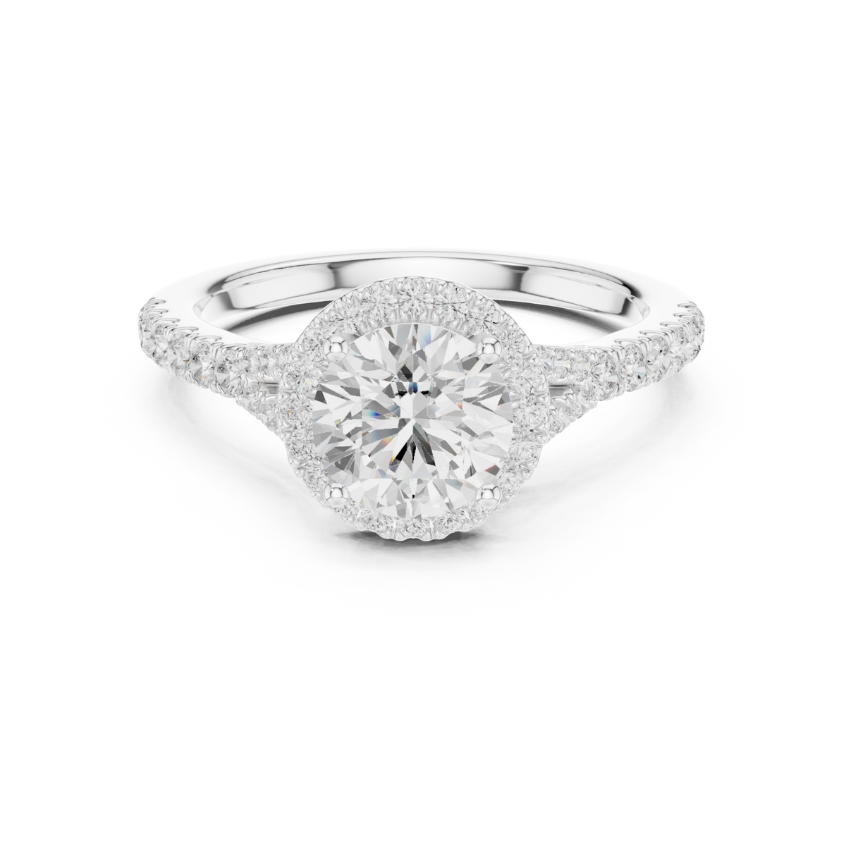 Round split bridge halo pave engagement ring white gold detail view