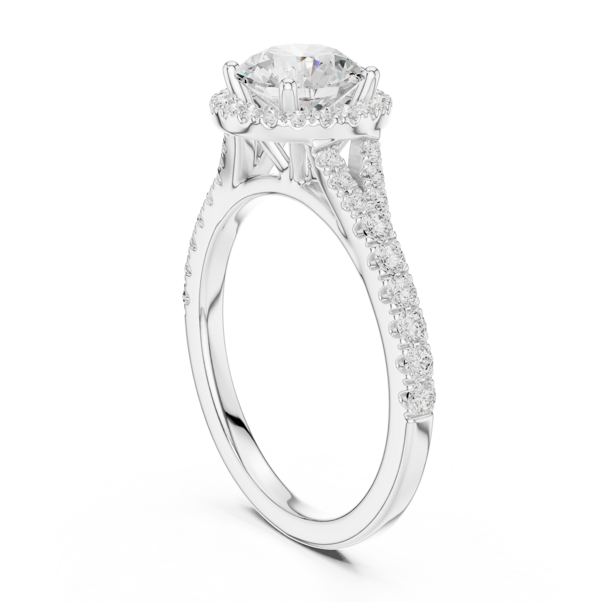 Round split bridge halo pave engagement ring white gold front view