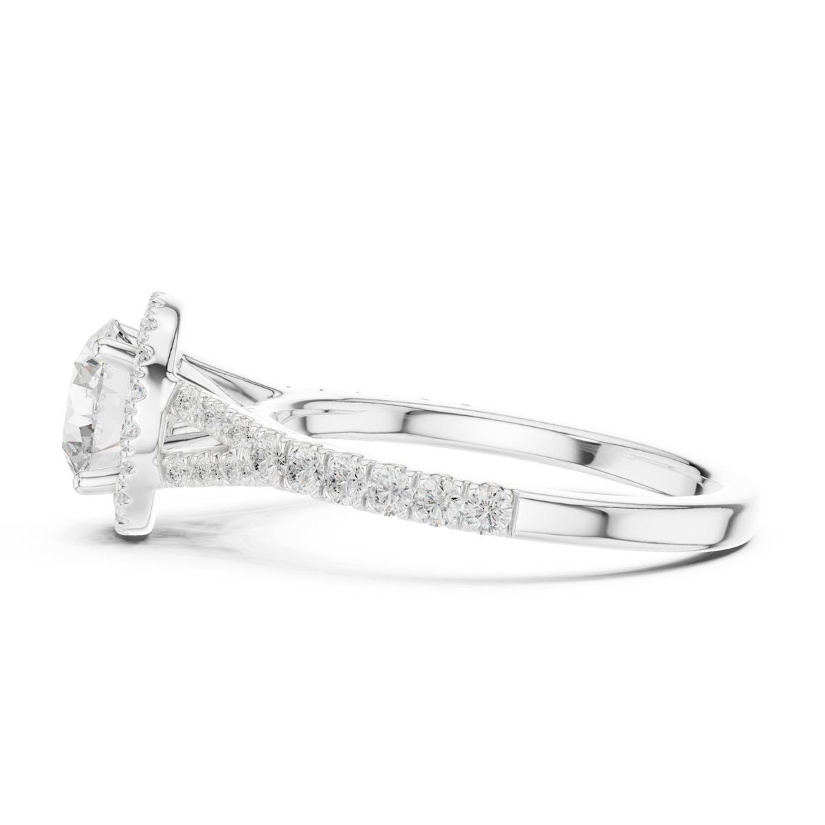 Round split bridge halo pave engagement ring white gold side view