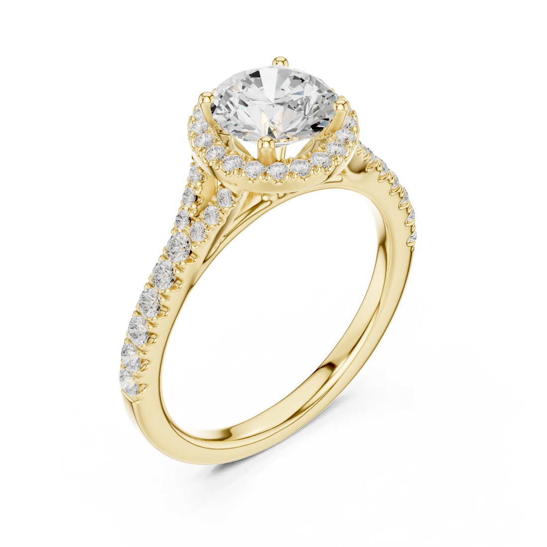 Round split bridge halo pave engagement ring yellow gold front view