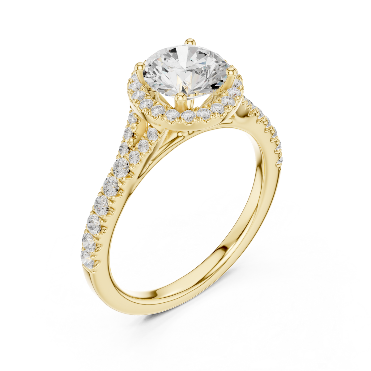 Round split bridge halo pave engagement ring yellow gold angle view