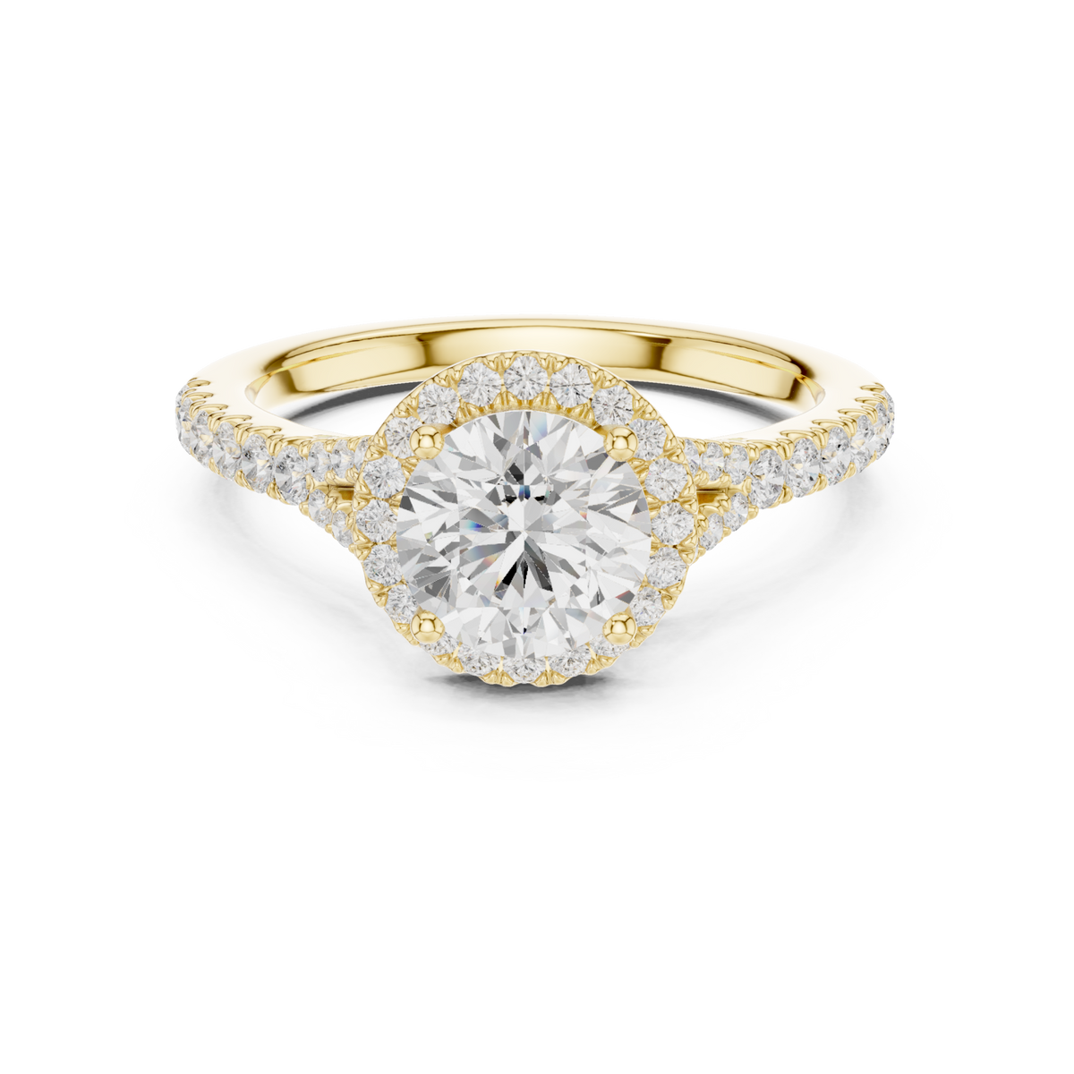 Round split bridge halo pave engagement ring yellow gold detail view