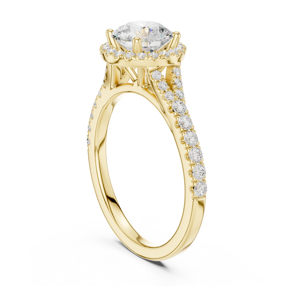 Round split bridge halo pave engagement ring yellow gold front view