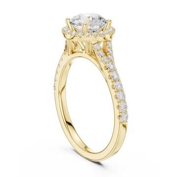 Round split bridge halo pave engagement ring yellow gold front view